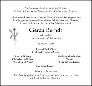 Traueranzeige von Gerda Berndt (geb. Wulsch)  von Magdeburger Volksstimme