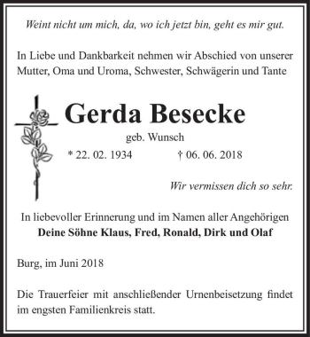 Traueranzeige von Gerda Besecke (geb. Wunsch)  von Magdeburger Volksstimme
