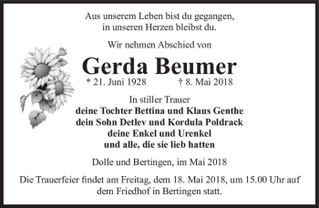 Traueranzeige von Gerda Beumer  von Magdeburger Volksstimme