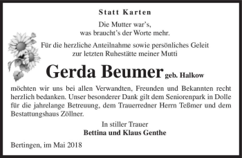 Traueranzeige von Gerda Beumer (geb. Halkow)  von Magdeburger Volksstimme