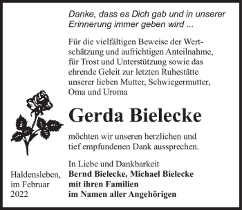 Traueranzeige von Gerda Bielecke  von Magdeburger Volksstimme