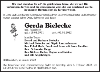 Traueranzeige von Gerda Bielecke (geb. Pakebusch)  von Magdeburger Volksstimme