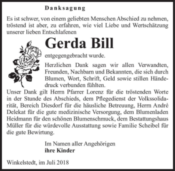 Traueranzeige von Gerda Bill  von Magdeburger Volksstimme