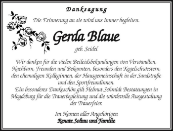 Traueranzeige von Gerda Blaue (geb. Seidel)  von Magdeburger Volksstimme
