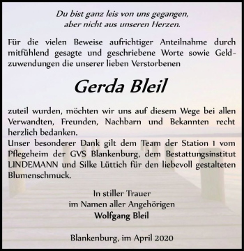 Traueranzeige von Gerda Bleil  von Magdeburger Volksstimme