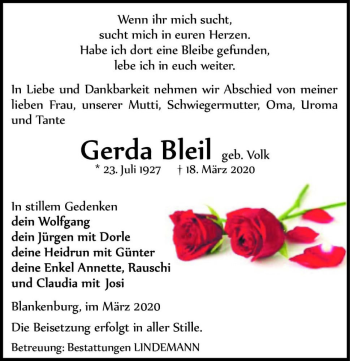 Traueranzeige von Gerda Bleil (geb. Volk)  von Magdeburger Volksstimme
