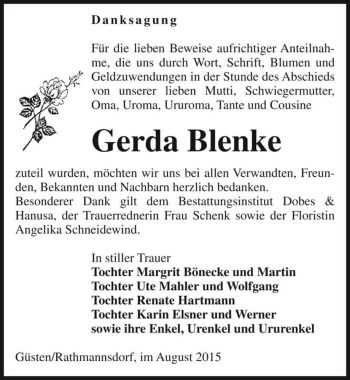 Traueranzeige von Gerda Blenke  von Magdeburger Volksstimme