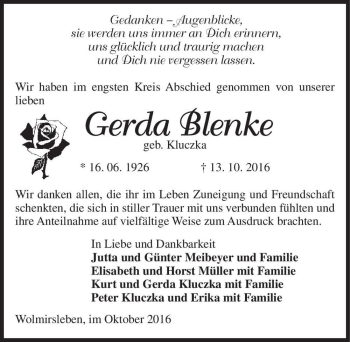 Traueranzeige von Gerda Blenke (geb. Kluczka)  von Magdeburger Volksstimme