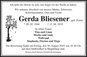 Traueranzeige von Gerda Bliesener (geb. Ponitz)  von Magdeburger Volksstimme