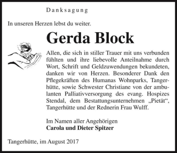 Traueranzeige von Gerda Block  von Magdeburger Volksstimme