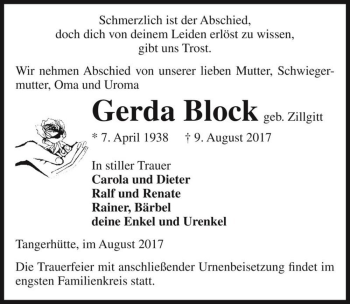 Traueranzeige von Gerda Block (geb. Zillgitt)  von Magdeburger Volksstimme