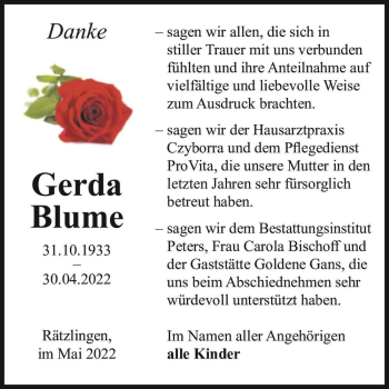 Traueranzeige von Gerda Blume  von Magdeburger Volksstimme