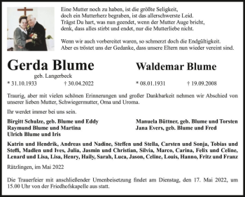 Traueranzeige von Gerda Blume (geb. Langerbeck)  von Magdeburger Volksstimme