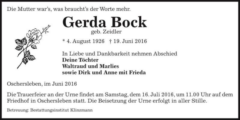 Traueranzeige für Gerda Bock (geb. Zeidler)  vom 25.06.2016 aus Magdeburger Volksstimme