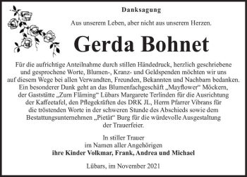 Traueranzeige von Gerda Bohnet  von Magdeburger Volksstimme