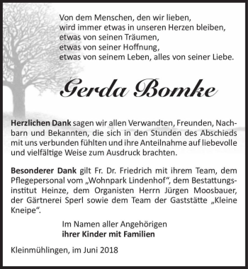 Traueranzeige von Gerda Bomke  von Magdeburger Volksstimme