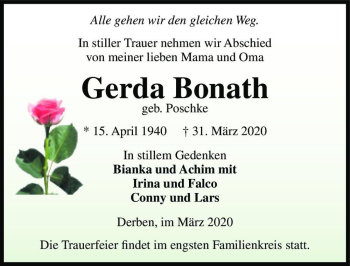 Traueranzeige von Gerda Bonath (geb. Poschke)  von Magdeburger Volksstimme
