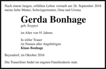 Traueranzeige von Gerda Bonhage (geb. Szypryt)  von Magdeburger Volksstimme