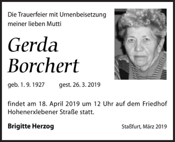 Traueranzeige von Gerda Borchert  von Magdeburger Volksstimme