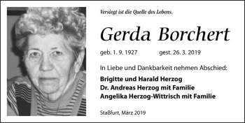 Traueranzeige von Gerda Borchert  von Magdeburger Volksstimme
