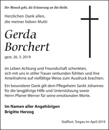 Traueranzeige von Gerda Borchert  von Magdeburger Volksstimme