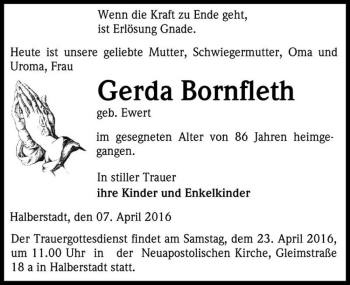 Traueranzeige von Gerda Bornfleth (geb. Ewert)  von Magdeburger Volksstimme