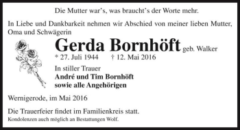 Traueranzeige von Gerda Bornhöft (geb. Walker)  von Magdeburger Volksstimme