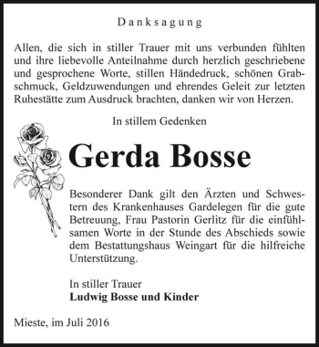 Traueranzeige von Gerda Bosse  von Magdeburger Volksstimme