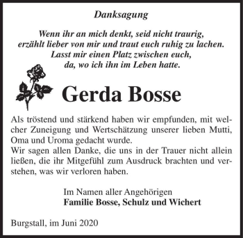 Traueranzeige von Gerda Bosse  von Magdeburger Volksstimme