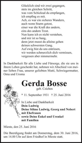 Traueranzeige von Gerda Bosse (geb. Czichos)  von Magdeburger Volksstimme