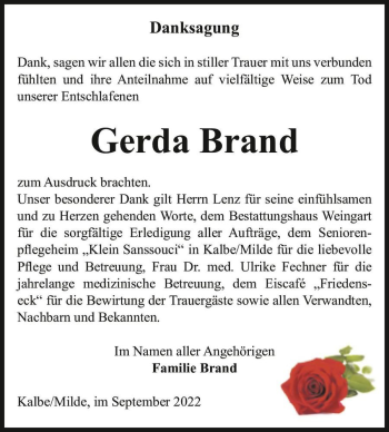 Traueranzeige von Gerda Brand  von Magdeburger Volksstimme