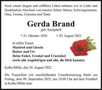 Traueranzeige von Gerda Brand (geb. Kneiphoff)  von Magdeburger Volksstimme