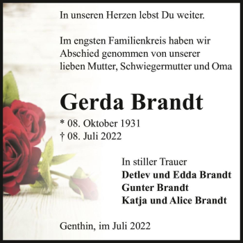 Traueranzeige von Gerda Brandt  von Magdeburger Volksstimme