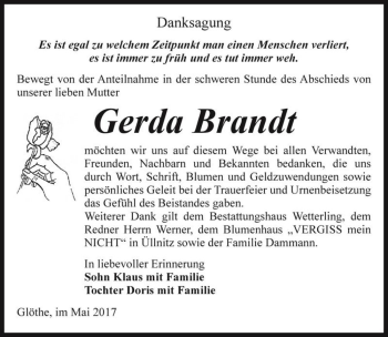 Traueranzeige von Gerda Brandt  von Magdeburger Volksstimme