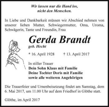 Traueranzeige von Gerda Brandt (geb. Hecht)  von Magdeburger Volksstimme