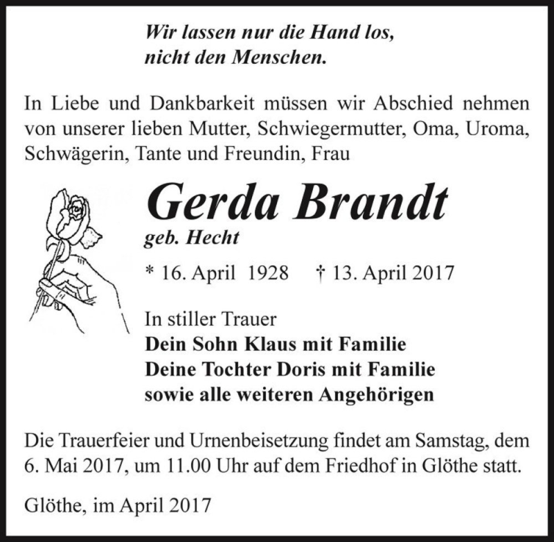 Traueranzeige für Gerda Brandt (geb. Hecht)  vom 29.04.2017 aus Magdeburger Volksstimme