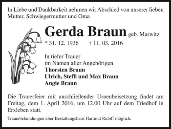 Traueranzeige von Gerda Braun (geb. Marwitz)  von Magdeburger Volksstimme
