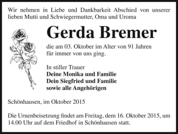 Traueranzeige von Gerda Bremer  von Magdeburger Volksstimme