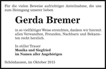 Traueranzeige von Gerda Bremer  von Magdeburger Volksstimme