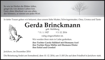 Traueranzeige von Gerda Brinckmann (geb. Mehlberg)  von Magdeburger Volksstimme