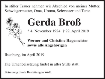 Traueranzeige von Gerda Broß  von Magdeburger Volksstimme