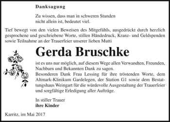 Traueranzeige von Gerda Bruschke  von Magdeburger Volksstimme