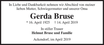 Traueranzeige von Gerda Bruse  von Magdeburger Volksstimme