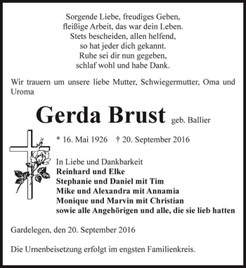 Traueranzeige von Gerda Brust (geb. Ballier)  von Magdeburger Volksstimme