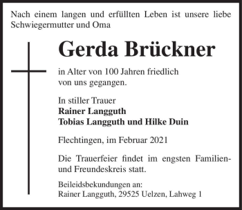 Traueranzeige von Gerda Brückner  von Magdeburger Volksstimme