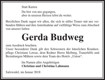 Traueranzeige von Gerda Budweg  von Magdeburger Volksstimme