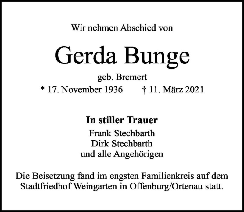  Traueranzeige für Gerda Bunge (geb. Bremert)  vom 27.03.2021 aus Magdeburger Volksstimme