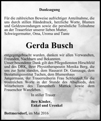 Traueranzeige von Gerda Busch  von Magdeburger Volksstimme