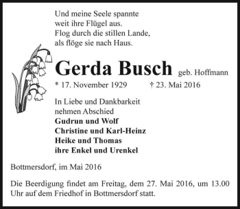 Traueranzeige von Gerda Busch (geb. Hoffmann)  von Magdeburger Volksstimme