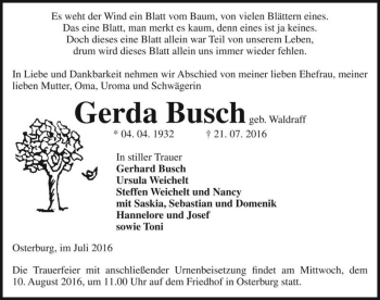 Traueranzeige von Gerda Busch (geb. Waldraff)  von Magdeburger Volksstimme